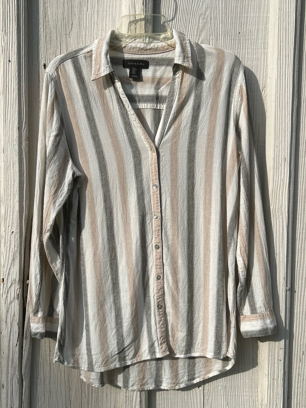 Tahari Linen Blend Striped Button Up Shirt Women's M | Neutral Beachy
